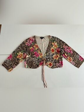 VTG ECI NEW YORK XL Cropped Floral Leopard Tie-Front Cardigan in Multicolor